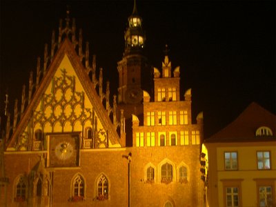 Breslau Rathaus Giebel Nachtaufnahme